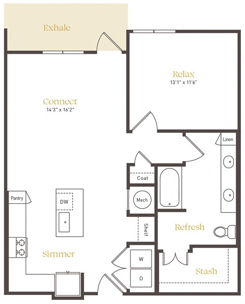 Floor plan for 1 bed, 1 bath, 861 sqft